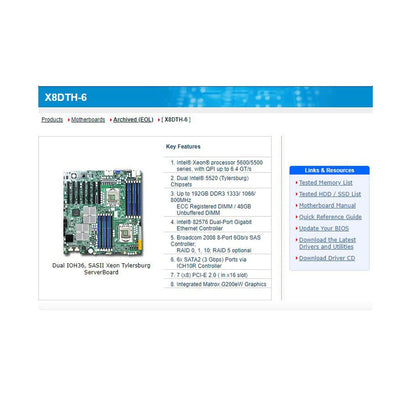 X8DTH-6 Supermicro Dual IOH36 SASII Xeon PC Board 5600/5500 Series DDR3 Broadcom 2008 8-Port 6Gb/s SAS Controller